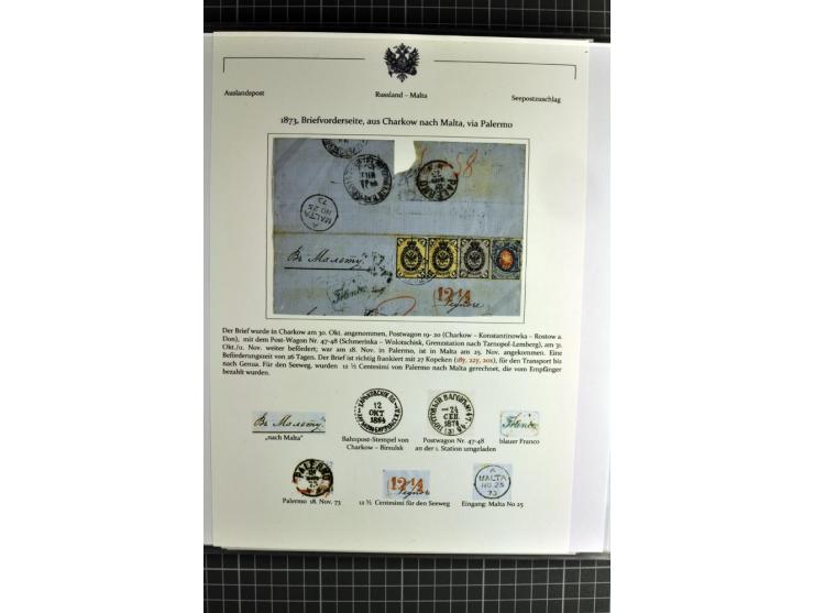 1860/1914 (ca.), Sammlung von über 80 frankierten Auslandsbriefen und Karten, dabei Reco, Buntfrankaturen, Transitstempel etc
