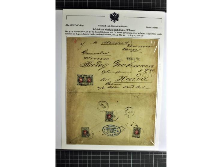 1860/1914 (ca.), Sammlung von über 80 frankierten Auslandsbriefen und Karten, dabei Reco, Buntfrankaturen, Transitstempel etc