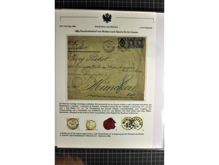1860/1914 (ca.), Sammlung von über 80 frankierten Auslandsbriefen und Karten, dabei Reco, Buntfrankaturen, Transitstempel etc