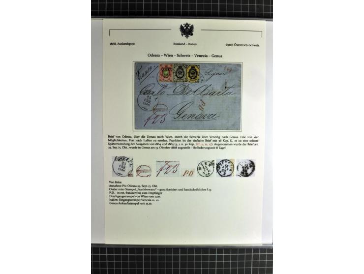 1860/1914 (ca.), Sammlung von über 80 frankierten Auslandsbriefen und Karten, dabei Reco, Buntfrankaturen, Transitstempel etc