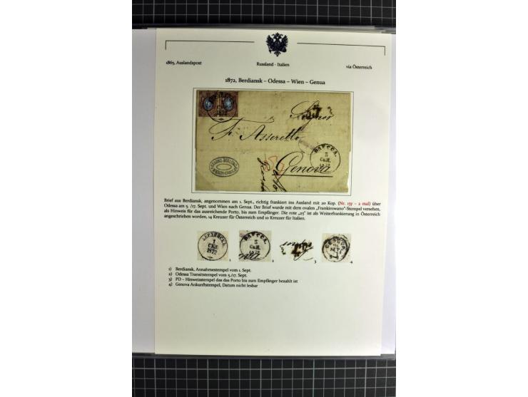 1860/1914 (ca.), Sammlung von über 80 frankierten Auslandsbriefen und Karten, dabei Reco, Buntfrankaturen, Transitstempel etc