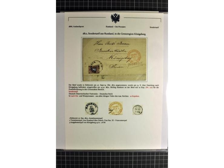1860/1914 (ca.), Sammlung von über 80 frankierten Auslandsbriefen und Karten, dabei Reco, Buntfrankaturen, Transitstempel etc