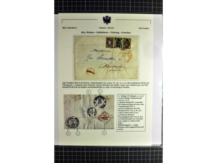 1860/1914 (ca.), Sammlung von über 80 frankierten Auslandsbriefen und Karten, dabei Reco, Buntfrankaturen, Transitstempel etc