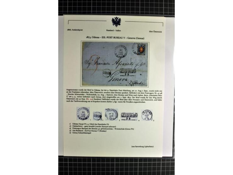 1860/1914 (ca.), Sammlung von über 80 frankierten Auslandsbriefen und Karten, dabei Reco, Buntfrankaturen, Transitstempel etc