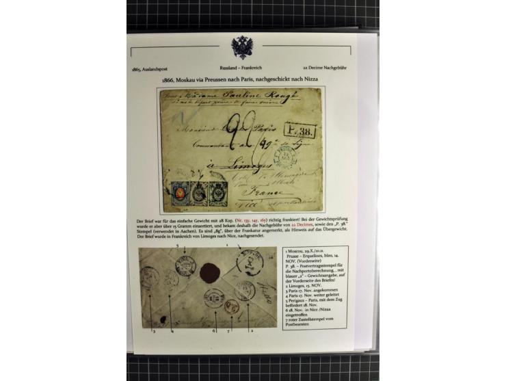 1860/1914 (ca.), Sammlung von über 80 frankierten Auslandsbriefen und Karten, dabei Reco, Buntfrankaturen, Transitstempel etc