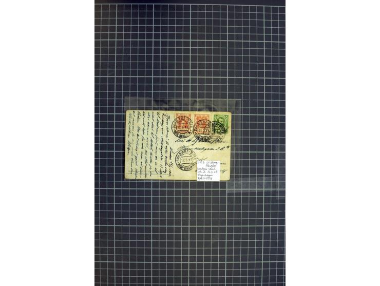 1913/15, 10 Briefe bzw. Paketkarten mit hohen Romanow-Frankaturen, teils mit üblicher Lochung (ex Mi.Nr. 82-95)