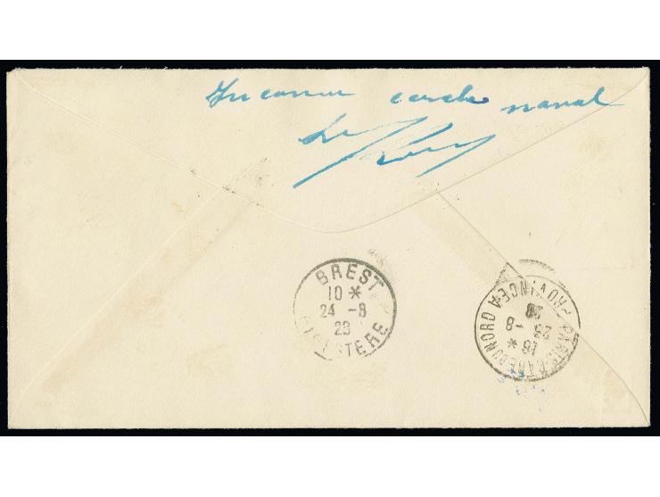 Ile de France 10 fr. sur 1.50 fr. bleu  avec affr. complémentaire oblit."New York au Havre 23.8.28" sur lettre recommandée po