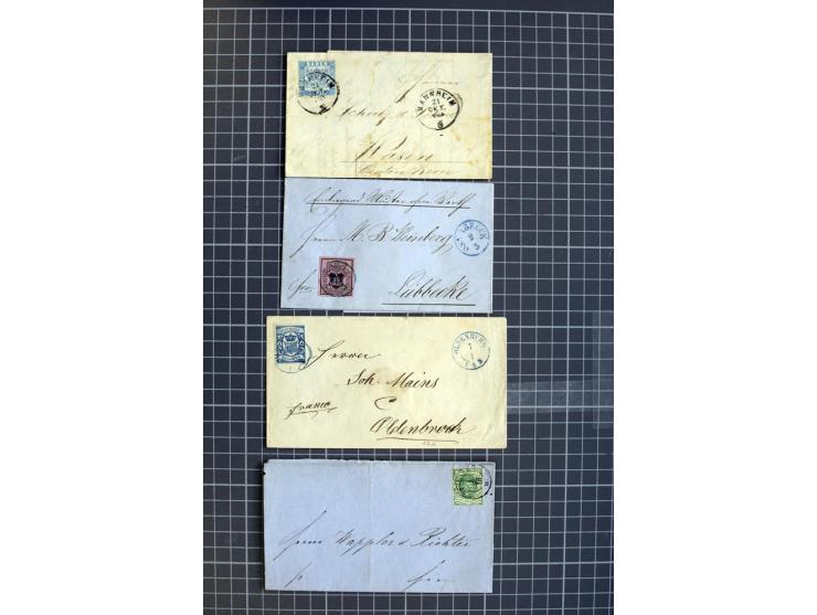 1850/67 (ca.), 13 frankierte Briefe mit meist besseren Frankaturen, dabei Württemberg-Brief mit unauffällig unvollständiger F
