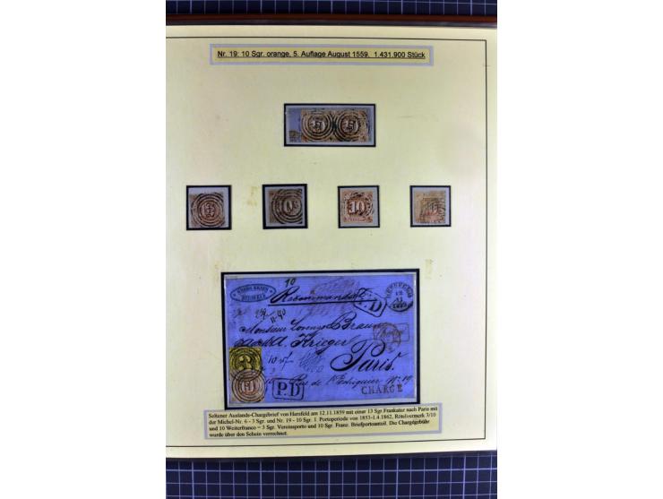 1852/1866, umfangreiche Ausstellungs-Sammlung "Die Marken von Thurn & Taxis" in 5 Alben mit vielen Briefstücken, Briefen, Gan