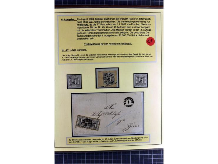 1852/1866, umfangreiche Ausstellungs-Sammlung "Die Marken von Thurn & Taxis" in 5 Alben mit vielen Briefstücken, Briefen, Gan