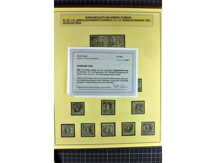 1852/1866, umfangreiche Ausstellungs-Sammlung "Die Marken von Thurn & Taxis" in 5 Alben mit vielen Briefstücken, Briefen, Gan