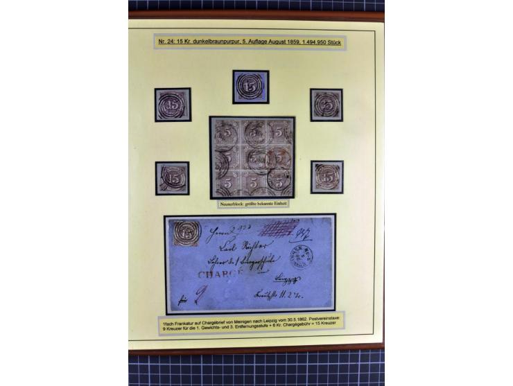 1852/1866, umfangreiche Ausstellungs-Sammlung "Die Marken von Thurn & Taxis" in 5 Alben mit vielen Briefstücken, Briefen, Gan