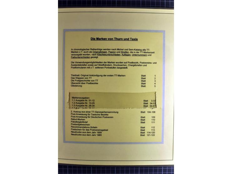 1852/1866, umfangreiche Ausstellungs-Sammlung "Die Marken von Thurn & Taxis" in 5 Alben mit vielen Briefstücken, Briefen, Gan