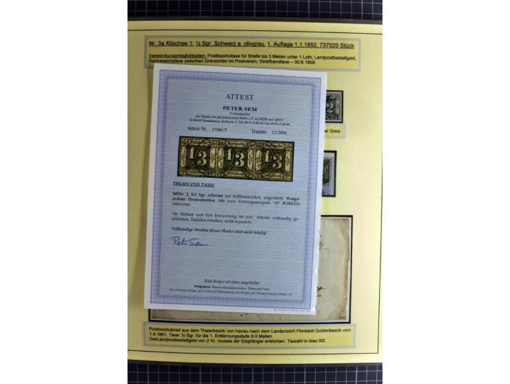 1852/1866, umfangreiche Ausstellungs-Sammlung "Die Marken von Thurn & Taxis" in 5 Alben mit vielen Briefstücken, Briefen, Gan