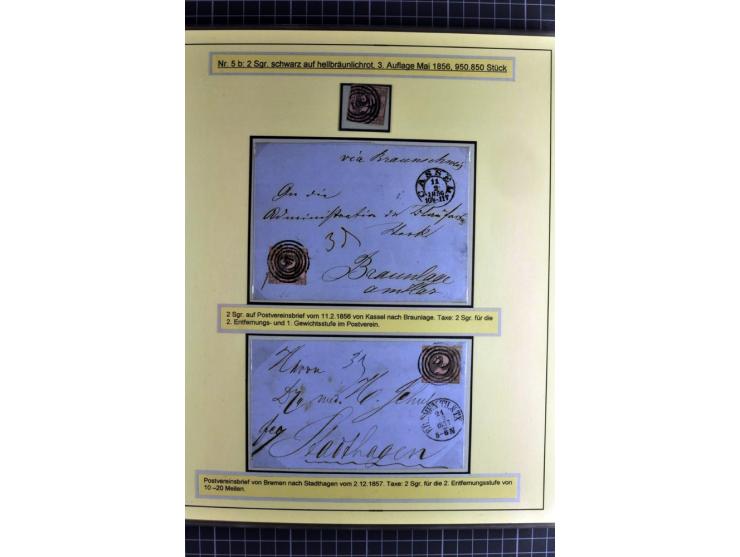 1852/1866, umfangreiche Ausstellungs-Sammlung "Die Marken von Thurn & Taxis" in 5 Alben mit vielen Briefstücken, Briefen, Gan