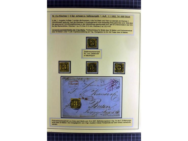 1852/1866, umfangreiche Ausstellungs-Sammlung "Die Marken von Thurn & Taxis" in 5 Alben mit vielen Briefstücken, Briefen, Gan