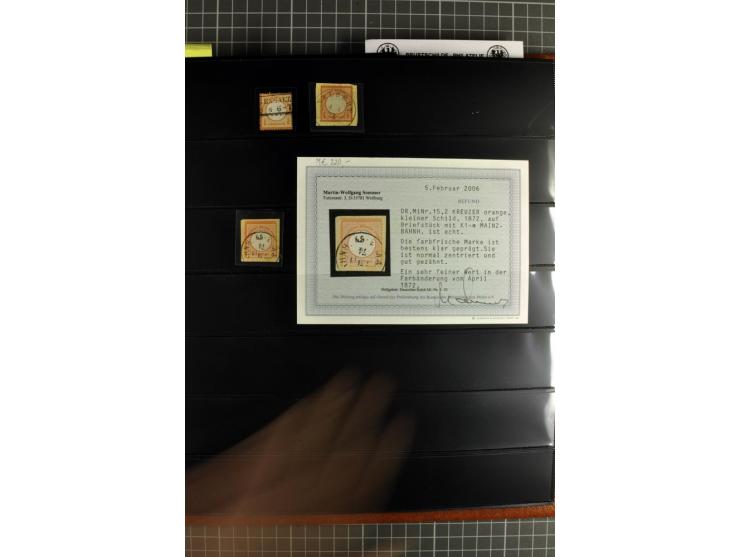 1872/75, Brustschilde-Spezialsammlung, überwiegend gestempelt mit ca. 180 Einzelmarken/Briefstücken und 22 Briefen/Karten, da