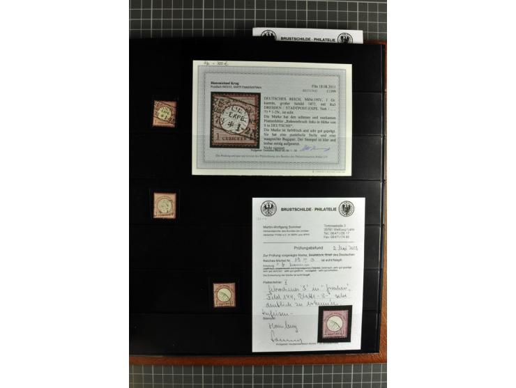 1872/75, Brustschilde-Spezialsammlung, überwiegend gestempelt mit ca. 180 Einzelmarken/Briefstücken und 22 Briefen/Karten, da