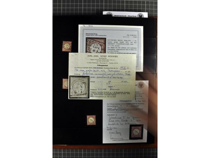 1872/75, Brustschilde-Spezialsammlung, überwiegend gestempelt mit ca. 180 Einzelmarken/Briefstücken und 22 Briefen/Karten, da