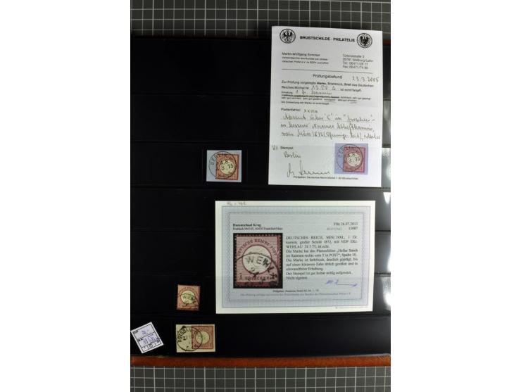 1872/75, Brustschilde-Spezialsammlung, überwiegend gestempelt mit ca. 180 Einzelmarken/Briefstücken und 22 Briefen/Karten, da