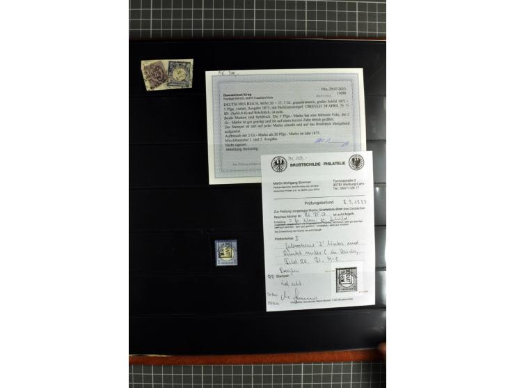 1872/75, Brustschilde-Spezialsammlung, überwiegend gestempelt mit ca. 180 Einzelmarken/Briefstücken und 22 Briefen/Karten, da
