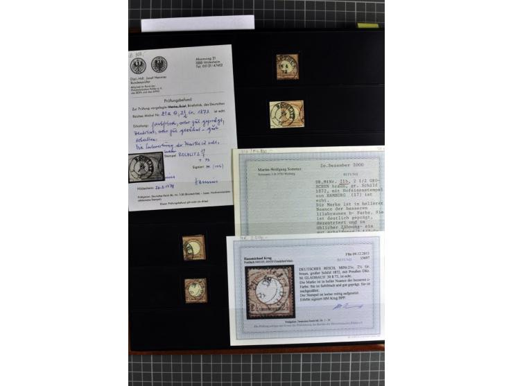 1872/75, Brustschilde-Spezialsammlung, überwiegend gestempelt mit ca. 180 Einzelmarken/Briefstücken und 22 Briefen/Karten, da