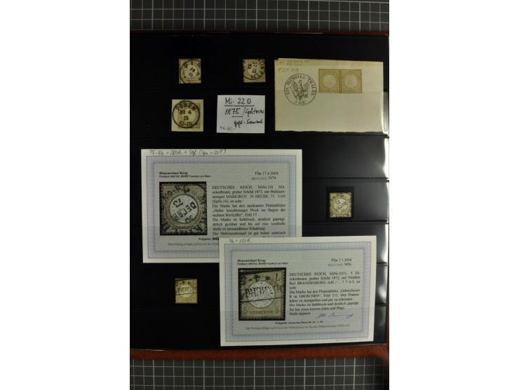 1872/75, Brustschilde-Spezialsammlung, überwiegend gestempelt mit ca. 180 Einzelmarken/Briefstücken und 22 Briefen/Karten, da