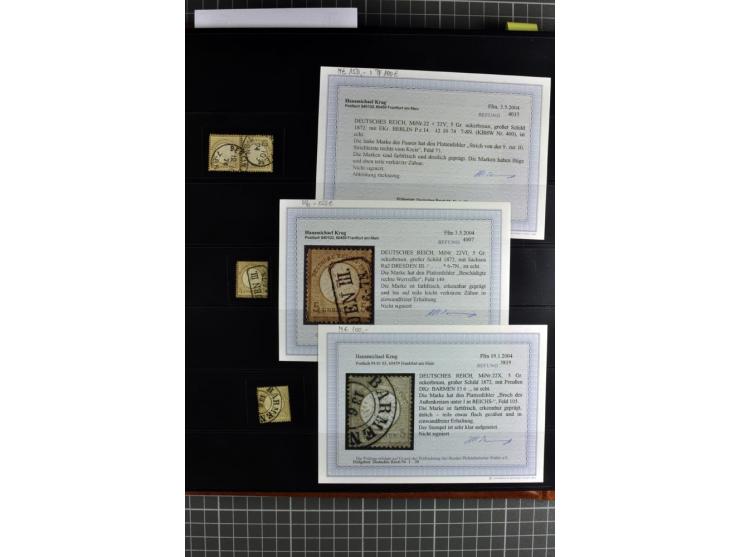 1872/75, Brustschilde-Spezialsammlung, überwiegend gestempelt mit ca. 180 Einzelmarken/Briefstücken und 22 Briefen/Karten, da