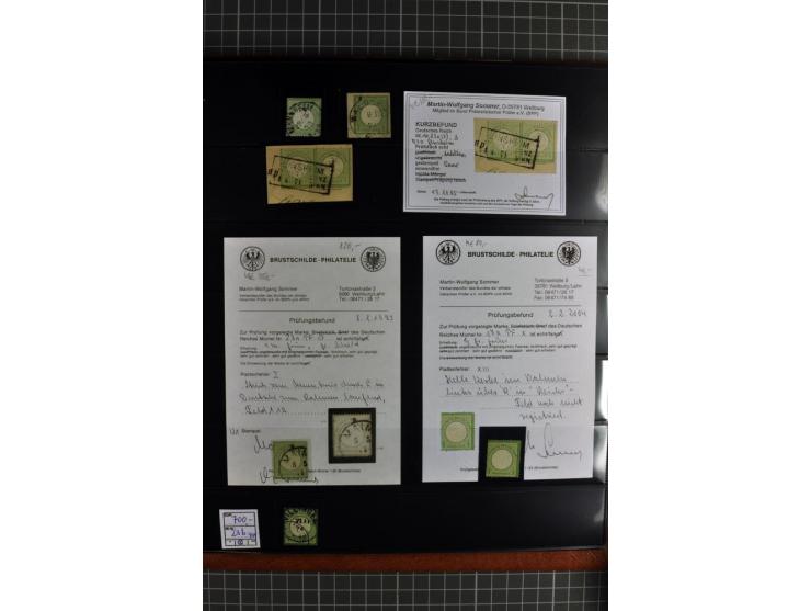 1872/75, Brustschilde-Spezialsammlung, überwiegend gestempelt mit ca. 180 Einzelmarken/Briefstücken und 22 Briefen/Karten, da