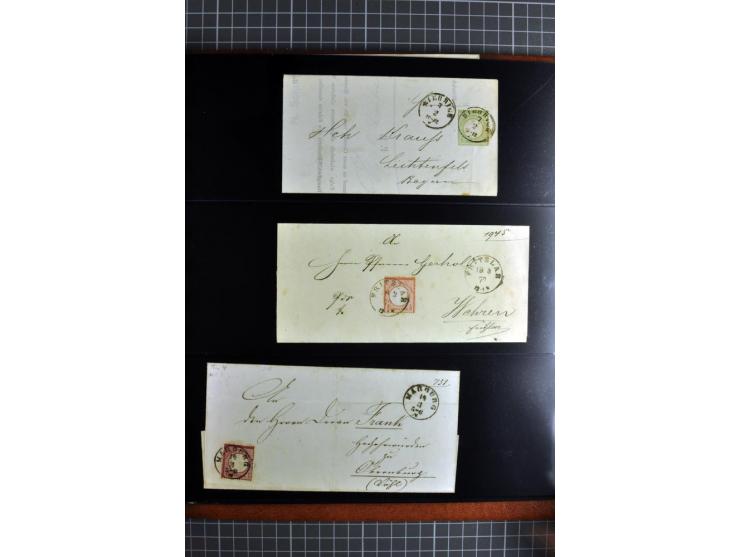1872/75, Brustschilde-Spezialsammlung, überwiegend gestempelt mit ca. 180 Einzelmarken/Briefstücken und 22 Briefen/Karten, da