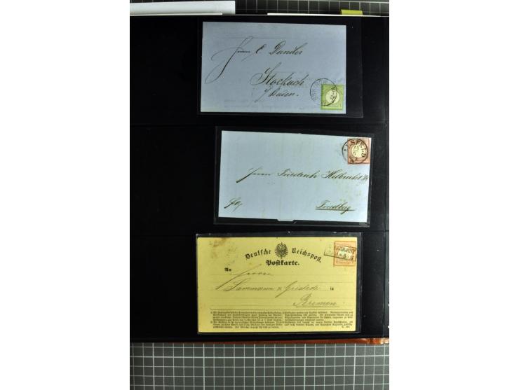 1872/75, Brustschilde-Spezialsammlung, überwiegend gestempelt mit ca. 180 Einzelmarken/Briefstücken und 22 Briefen/Karten, da