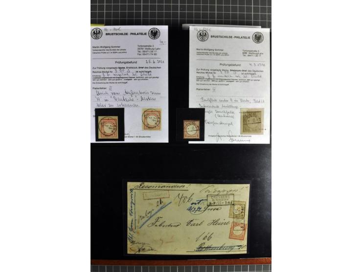 1872/75, Brustschilde-Spezialsammlung, überwiegend gestempelt mit ca. 180 Einzelmarken/Briefstücken und 22 Briefen/Karten, da