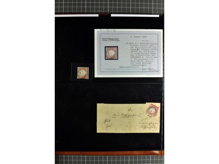 1872/75, Brustschilde-Spezialsammlung, überwiegend gestempelt mit ca. 180 Einzelmarken/Briefstücken und 22 Briefen/Karten, da