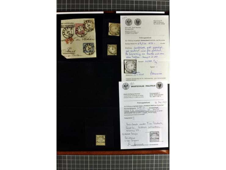 1872/75, Brustschilde-Spezialsammlung, überwiegend gestempelt mit ca. 180 Einzelmarken/Briefstücken und 22 Briefen/Karten, da