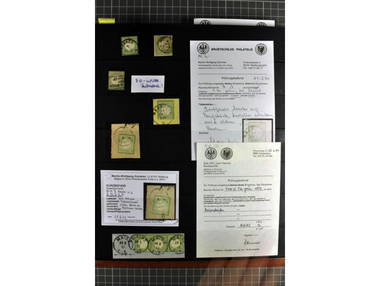 1872/75, Brustschilde-Spezialsammlung, überwiegend gestempelt mit ca. 180 Einzelmarken/Briefstücken und 22 Briefen/Karten, da