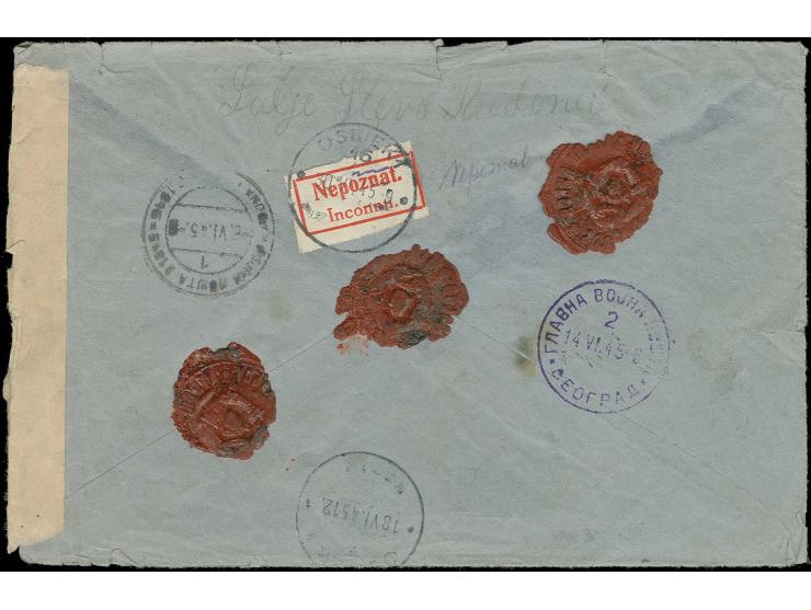 1945, retour partisan cover with censorship cancel "OTVORILA CNEZURA KOMANDE....", different retour labels and cancels and la