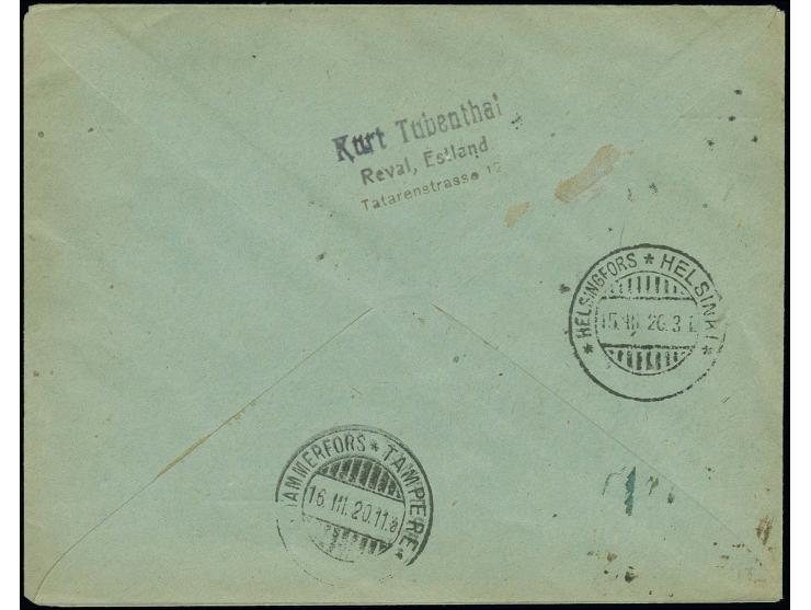 1920, Airmail double decker 5 m. with additional franking, tied by cds. "TALLIN 12.3.20" to registered ice flight cover via H