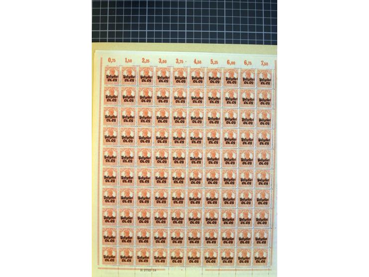 1916, 2½-10 und 15-50 Pfg., je per 100 im Originalbogen, postfrisch (Mi.-Nr. 1-5,7-11; Mi. ohne Berechnung von Oberrandstücke