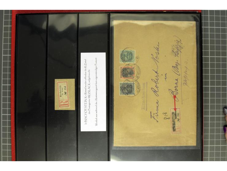 1920, Stempelsammlung auf losen Marken, Briefstücken und 28 Briefen, Karten und Ganzsachen, Postanweisungen und Paketkarte, d