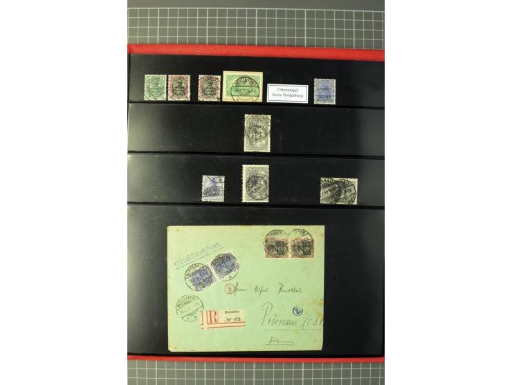 1920, Stempelsammlung auf losen Marken, Briefstücken und 28 Briefen, Karten und Ganzsachen, Postanweisungen und Paketkarte, d