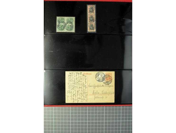 1920, Stempelsammlung auf losen Marken, Briefstücken und 28 Briefen, Karten und Ganzsachen, Postanweisungen und Paketkarte, d
