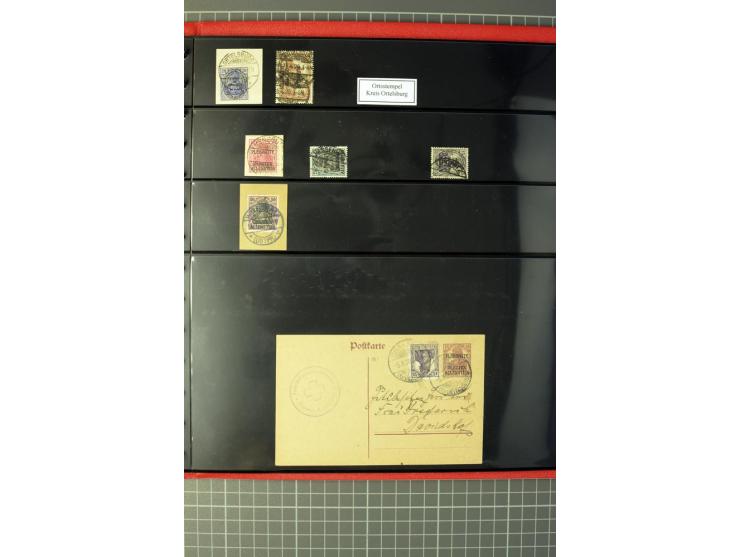 1920, Stempelsammlung auf losen Marken, Briefstücken und 28 Briefen, Karten und Ganzsachen, Postanweisungen und Paketkarte, d