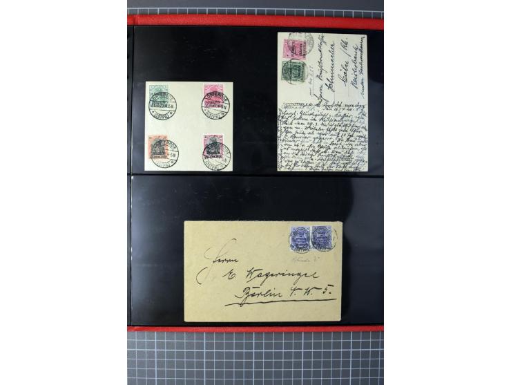 1920, Stempelsammlung auf losen Marken, Briefstücken und 28 Briefen, Karten und Ganzsachen, Postanweisungen und Paketkarte, d