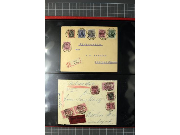 1920, Stempelsammlung auf losen Marken, Briefstücken und 28 Briefen, Karten und Ganzsachen, Postanweisungen und Paketkarte, d