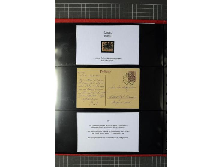 1920, Stempelsammlung auf losen Marken, Briefstücken und 28 Briefen, Karten und Ganzsachen, Postanweisungen und Paketkarte, d