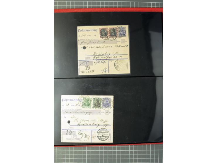 1920, Stempelsammlung auf losen Marken, Briefstücken und 28 Briefen, Karten und Ganzsachen, Postanweisungen und Paketkarte, d