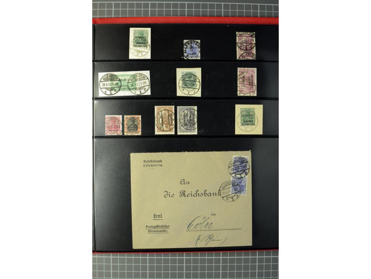 1920, Stempelsammlung auf losen Marken, Briefstücken und 28 Briefen, Karten und Ganzsachen, Postanweisungen und Paketkarte, d
