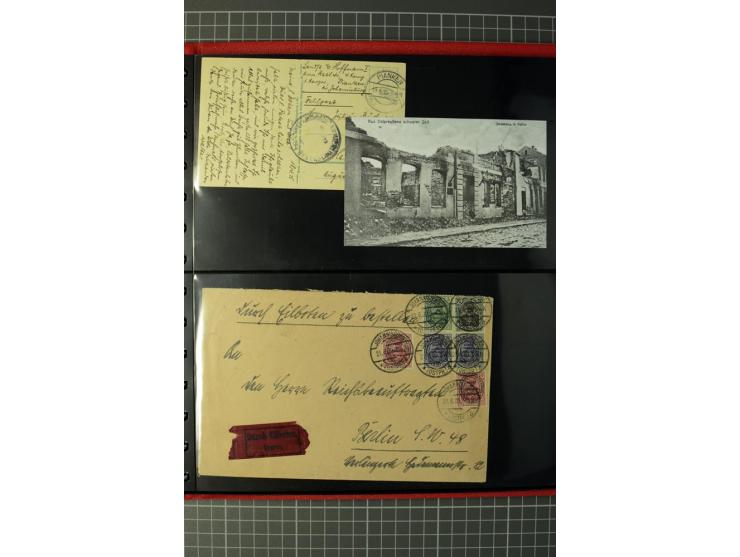 1920, Stempelsammlung auf losen Marken, Briefstücken und 28 Briefen, Karten und Ganzsachen, Postanweisungen und Paketkarte, d