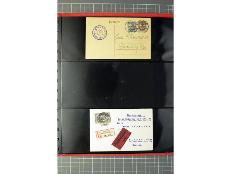 1920, Stempelsammlung auf losen Marken, Briefstücken und 28 Briefen, Karten und Ganzsachen, Postanweisungen und Paketkarte, d