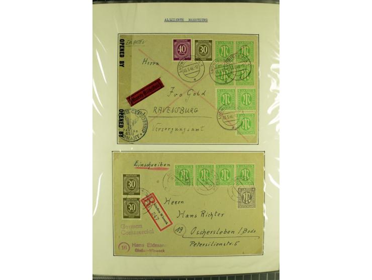 1945/1946, umfangreiche Sammlung AM-POST mit über 900 Briefen und Karten mit vielen Einzel-und Mehrfachfrankaturen mit besser